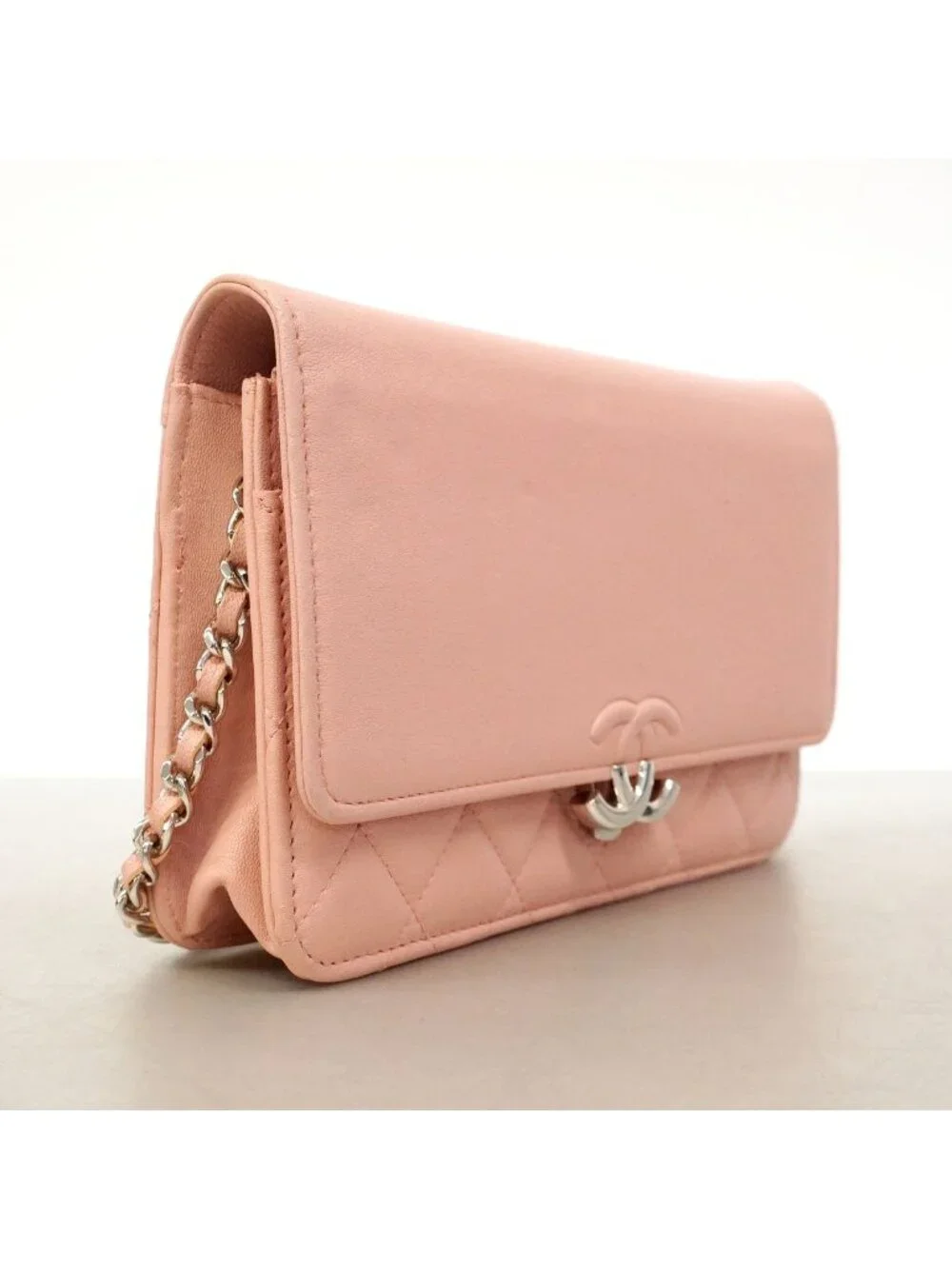Chanel Shoulder Wallet Quilted Leather Pink Silver